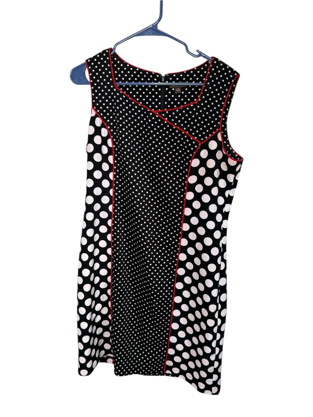 Voir Voir Black White Polka Dot Shift Dress Size 10 Red Piping Mixed Print
